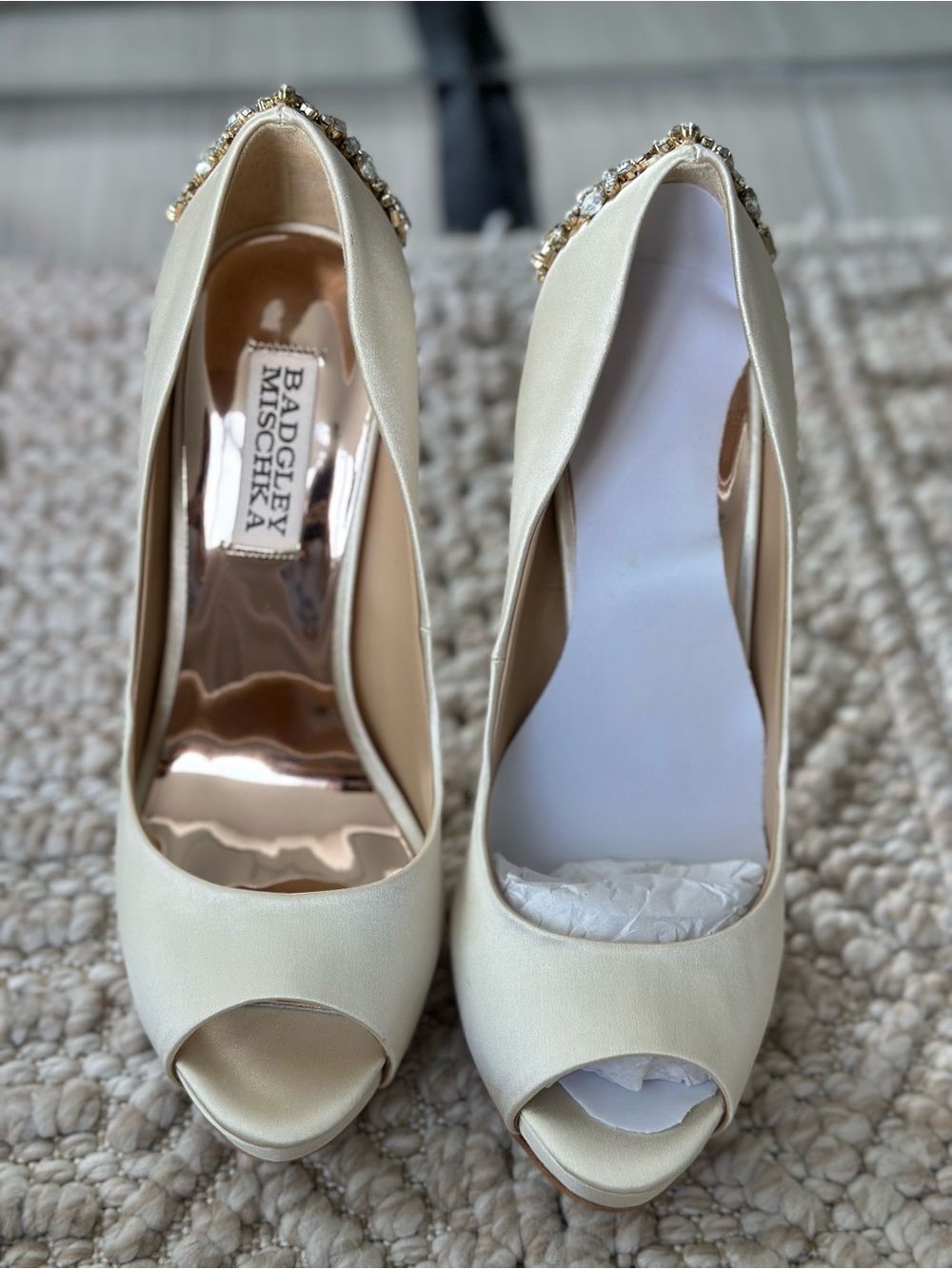 Badgley Mischka Cream Satin Peep-Toe Pumps with Jeweled Heel